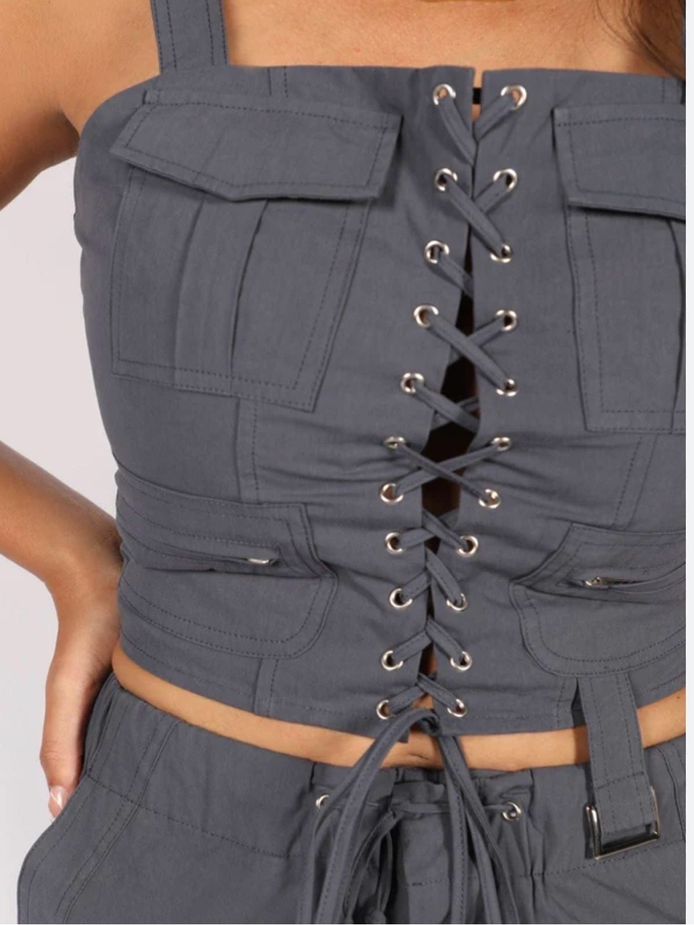 NWT WinWin Slate Blue Lace Up Corset Crop Top Bikercore Grunge S/M